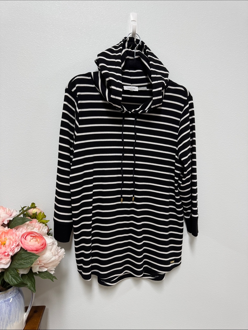 Calvin Klein Black and White Striped Knit Hoodie